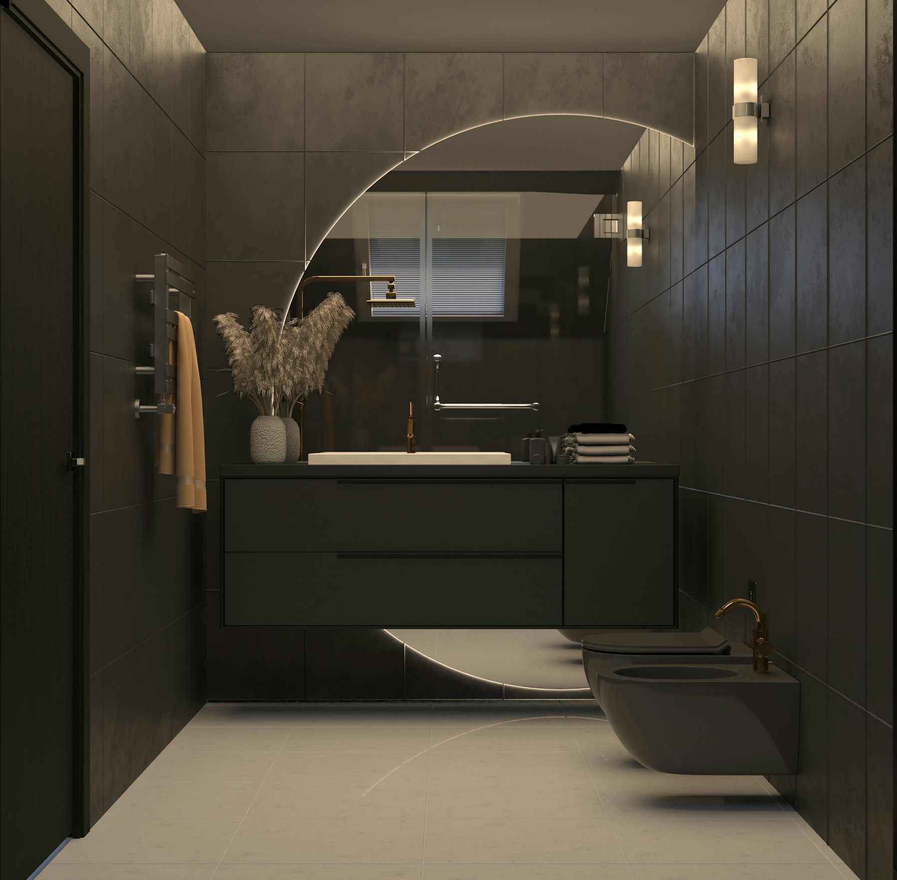 Atmosphärisches dunkles Badezimmer mit freistehender Wanne